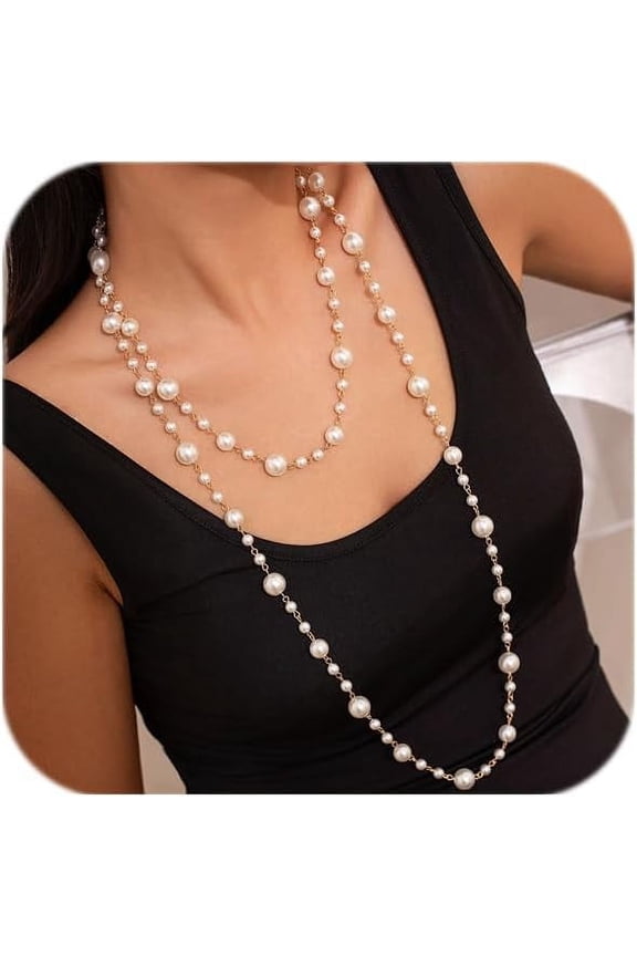 Long Pearl Necklaces for Women Pearl Long Chain Necklace Dainty Gold And Long Pearl Necklaces Layered Pearl Necklace Statement Sweater Strand Chain Jewelry