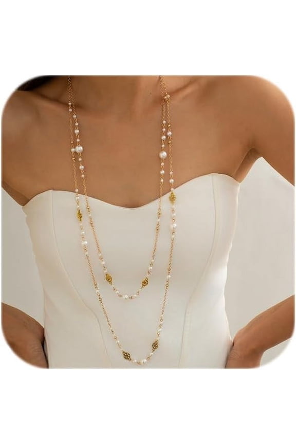 Long Pearl Necklaces for Women Pearl Long Chain Necklace Dainty Gold And Long Pearl Necklaces Layered Pearl Necklace Statement Sweater Strand Chain Jewelry