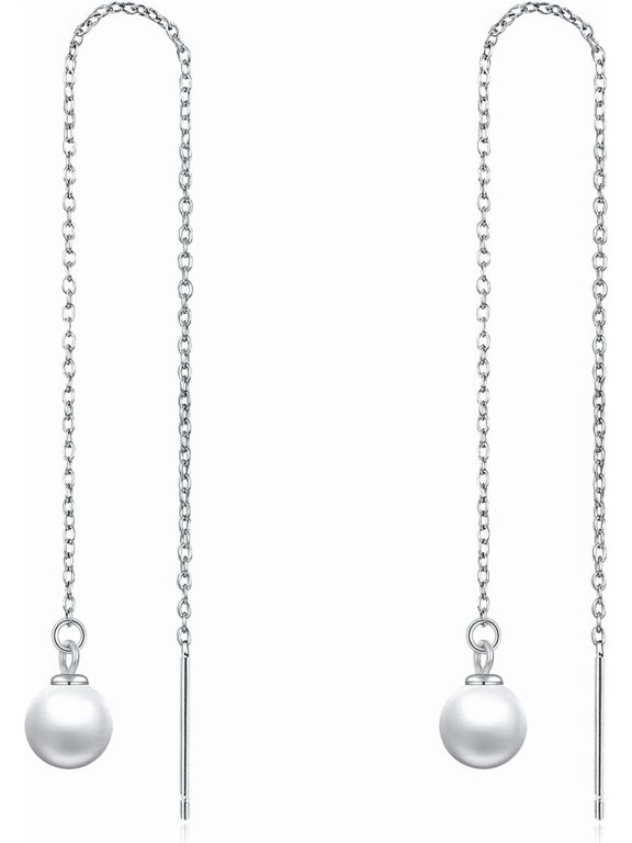 Long Pearl Threader Earrings 14k White Gold Long Piercing Freshwater Real Pearls Tassel Drop Dangle Ear Line Eardrop Earrings Jewelry Christmas Gifts for Women Teen