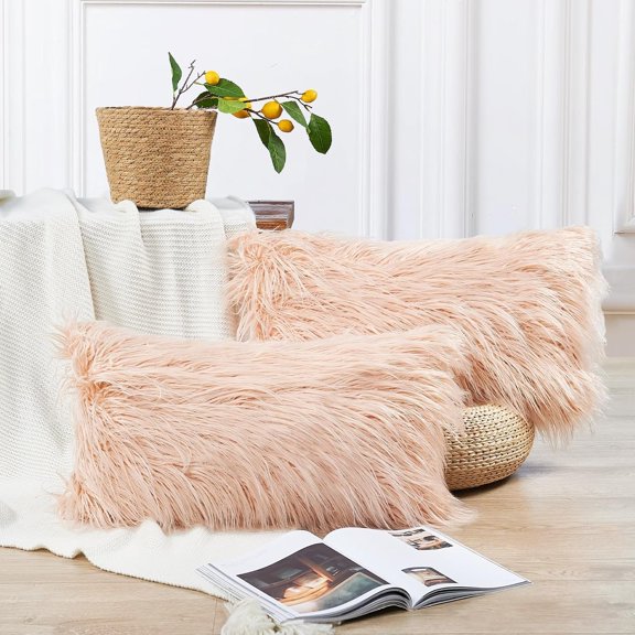 Long Pile Faux   Throw Pillow Covers(No Insert), 14 x 26 Inches Set of 2, Mongolian  Furry Fuzzy Soft Luxury Cushion Cover Shaggy Plush Pillowcase for Couch Bed , Rose