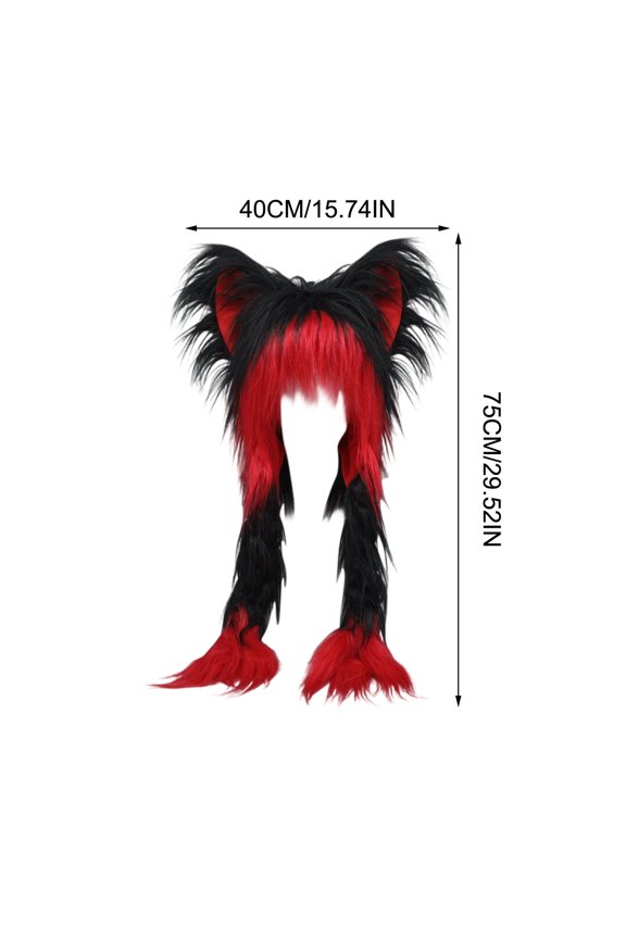 Long-Pile Thermal Cat Ear Hat with Fringe for Winter Indoor and Outdoor Wear Black Red