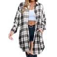 thumbnail image 1 of Long Plaid Flannel Shacket Jackets Womens Long Sleeve Button Color Block Shirt with Pockets Gray L, 1 of 3
