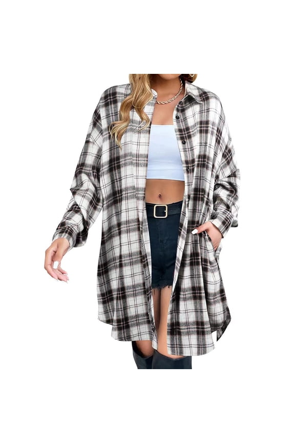 Long Plaid Flannel Shacket Jackets Womens Long Sleeve Button Color Block Shirt with Pockets Gray M