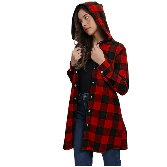 Long Plaid Hoodies for Women Button Down Flannel Shirts Mid-length Hooded Jackets with Pockets Long Sleeve Blouses (2XL, Wine)