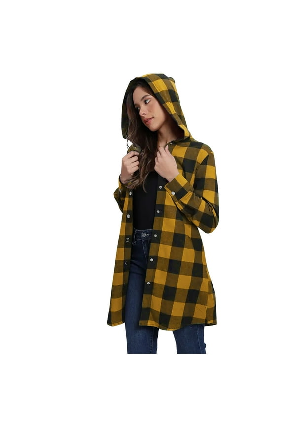Long Plaid Hoodies for Women Button Down Flannel Shirts Mid-length Hooded Jackets with Pockets Long Sleeve Blouses (2XL, Yellow)