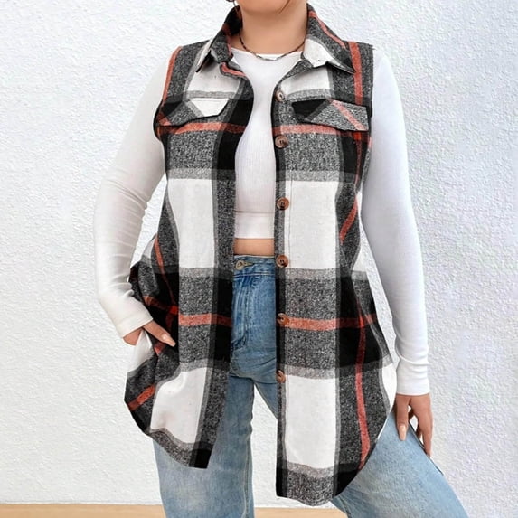 Long Plaid Vest for Women 2025 Fall Winter Sleeveless Blazer Jackets Outerwear Trendy Tops Gray L