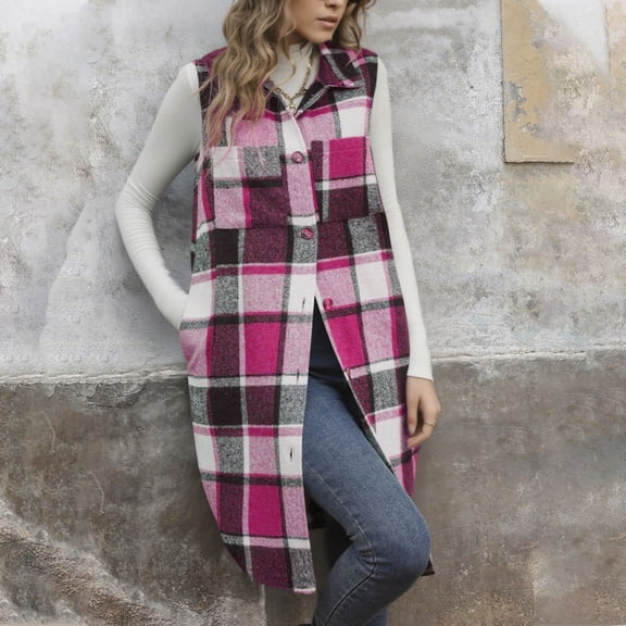 Long Plaid Vest for Women Sleeveless Button Shacket Fall Flannel Gilet Jacket with Pockets M