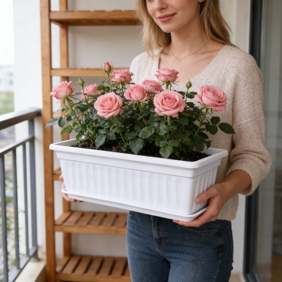 Long Planter Box Outdoor Planter White Plastic Container Patio Garden Herb Garden Balcony Railing Mounting Storage Tray