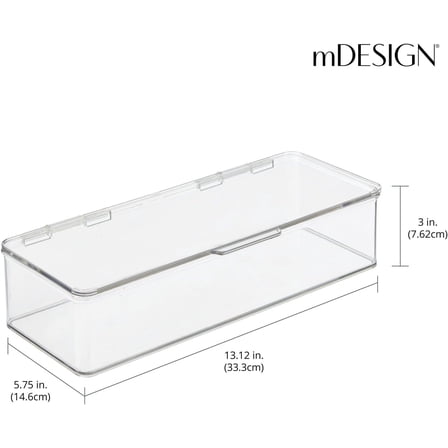Long Plastic Storage Organizer Box with Hinge Lid, 2 Pack, Clear for Kitchen Pantry or Fridge
