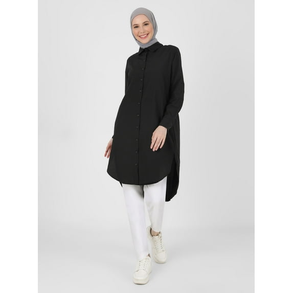 Long Poplin Tunic With Slit Detail Black