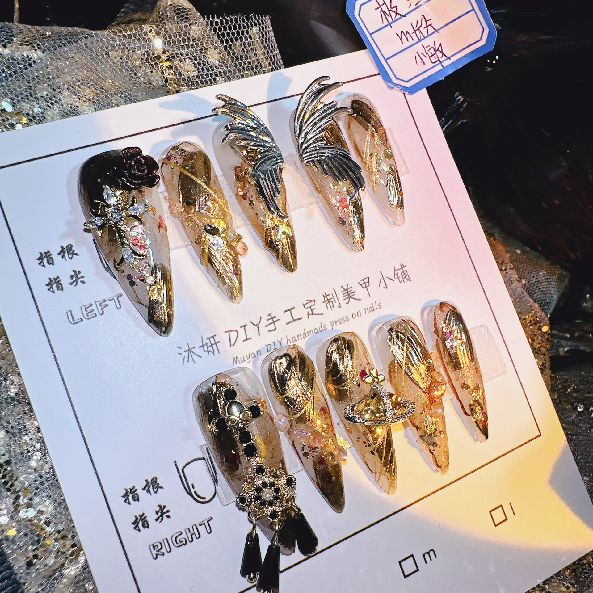 Long Press Coffin Fake Nails French Marble with Glitter Rhinestones Glue on Matte Stick Artificial for Women Handmade Wearable Nails