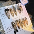 thumbnail image 1 of Long Press Coffin Fake Nails French Marble with Glitter Rhinestones Glue on Matte Stick Artificial for Women Handmade Wearable Nails, 1 of 6