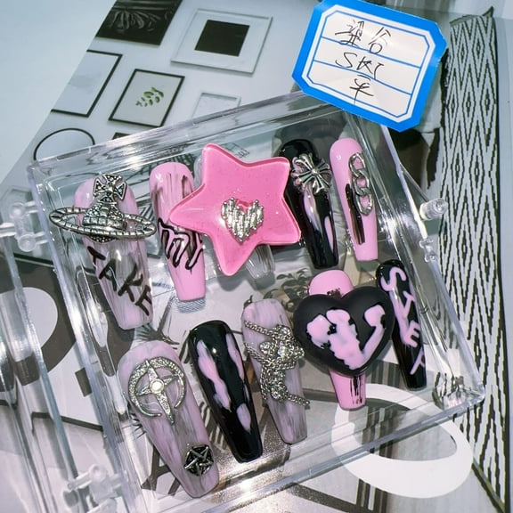 Long Press Coffin Fake Nails French Marble with Glitter Rhinestones Glue on Matte Stick Artificial for Women Handmade Wearable Nails