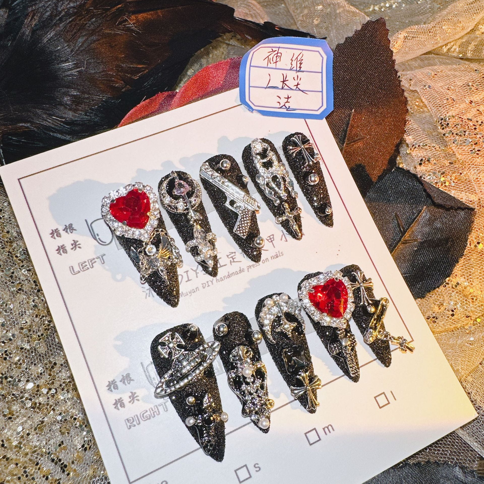 Long Press Coffin Fake Nails French Marble with Glitter Rhinestones Glue on Matte Stick Artificial for Women Handmade Wearable Nails