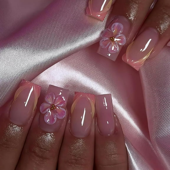 Long Press on Nails with 3D Floral Designs, Pink French Tips Fake Nails, Glossy Finish Glue on Nails, Extra Long Square Shaped Artificial Nails, Spring Stick on Nails for Women, 24 Pieces 8 style5