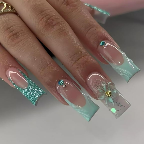 Long Press on Nails with 3D Floral Designs, Pink French Tips Fake Nails, Glossy Finish Glue on Nails, Extra Long Square Shaped Artificial Nails, Spring Stick on Nails for Women, 24 Pieces 8 style7