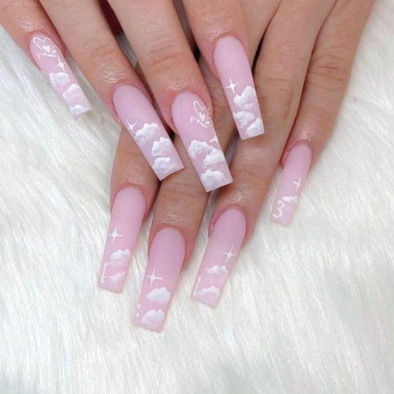 Long Press on Nails Coffin Fake Nails with White Cloud Design Full Cover False Glue Stick on Nail for Women 24Pcs in 12 Sizes Pink with White Cloud + Butterfly-A01 1 Fl Oz (Pack of 1)