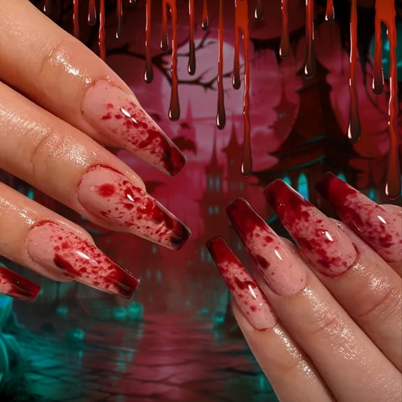 Long Press on Nails Halloween Coffin Fake Nails Full Cover Acrylic False Nail with Horror Blood Designs Glossy Red Stick on Nails Halloween Artificial Glue on Nail for Women Fingernail Decor
