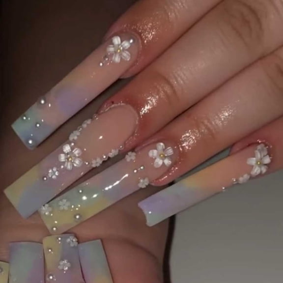 Long Press on Nails Pink Square French Fake Nails Summer Nails Purple Full Cover Bling Acrylic False Rhinestone Nails 3D Flower Design Square Nails for Women and Girls 24PCS (Square Nails 3)