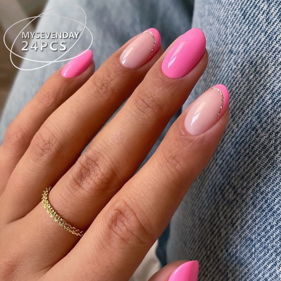 YTTAL Waterproof Regular Almond Plastic False Nails, Sparkly Pink Rhinestones Designs, 24 Pieces