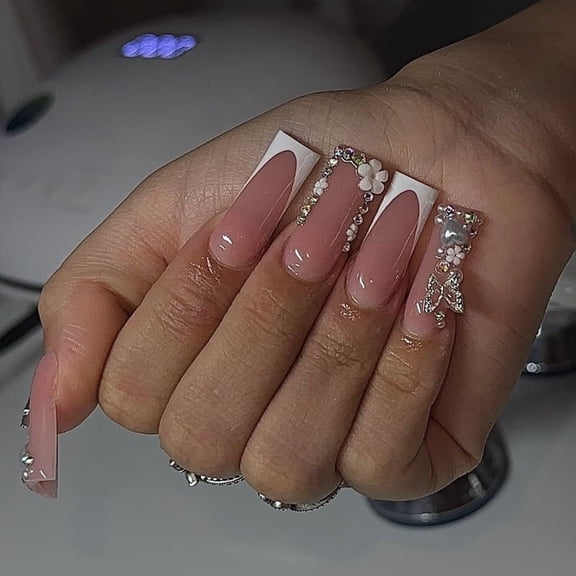 Long Press on Nails Square Fake Nails False Nails with Rhinestones Designs Pink Nail Press ons Sparkly Artificial Nails Full on Nails Cute Nails for Women 24Pcs