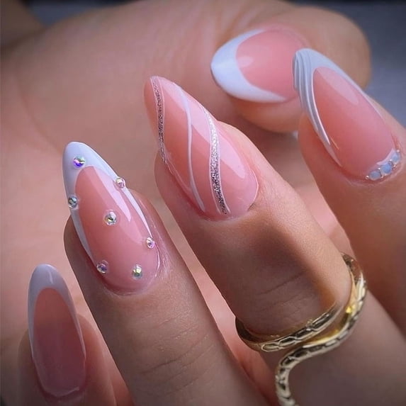 Long Press on Nails Square Fake Nails False Nails with Rhinestones Designs Pink Nail Press ons Sparkly Artificial Nails Full on Nails Cute Nails for Women 24Pcs