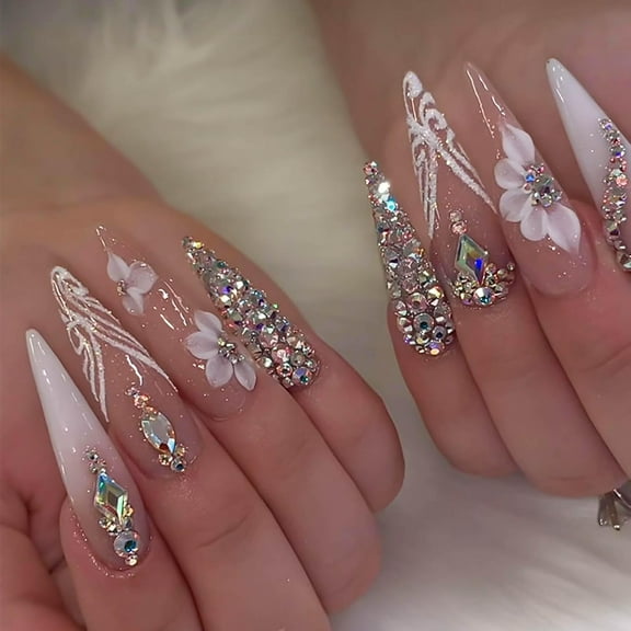 Long Press on Nails Stiletto Shaped Fake Nails Handmade False Nails with Rhinestones Designs White Ombre Glue on Nails Glitter Artificial Nails Luxury Stick on Nails for Women 24Pcs