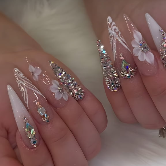 Long Press on Nails Stiletto - Flower Fake Nails with Bling Rhinestone Design - Glitter Glossy Full Cover Stick on False Nails - for Women 24 Pcs