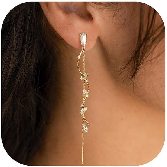 Long Prom Earrings for Women, 14K Gold Plated Pearl Dangle Drop and Chain Tassel Threader Earrings Dangling,Rhinestone Zirconia Hypoallergenic Bride Party Prom Gold jewelry,Women Gifts