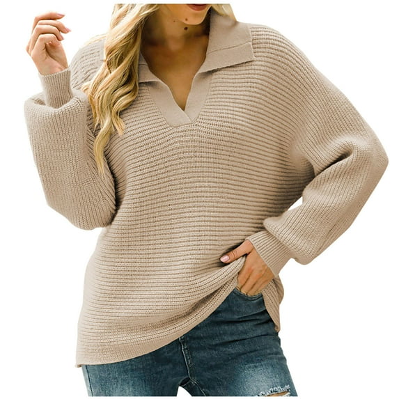 Long Puff Sleeve Lapel V Neck Solid Pullover Knitted Sweater for Women Casual Loose Fit Trendy Solid Pullover Tops