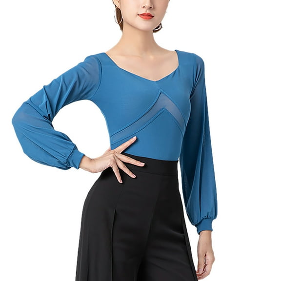 Long Puff Sleeve Salsa Bachata Rumba Cha-Cha Dance Practice Bodysuit Snap Crotch Dance Top With Inner Panty