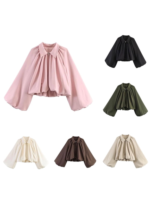 Long Puffed Sleeve Bomber Jacket For Women Zip-Up V-Neck Front Pleated Cropped Tops Fall Casual Elegant Fashion Crop Outerwear Top