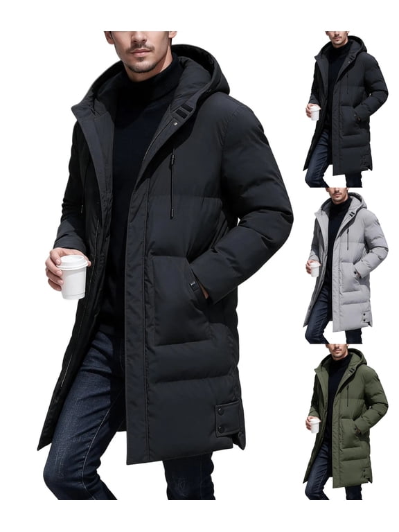 Long Puffer Coat Men Solid Color Thick Warm Hooded Winter Jacket,Mid-Length Zip Up Padded Parka for Outdoor Wear