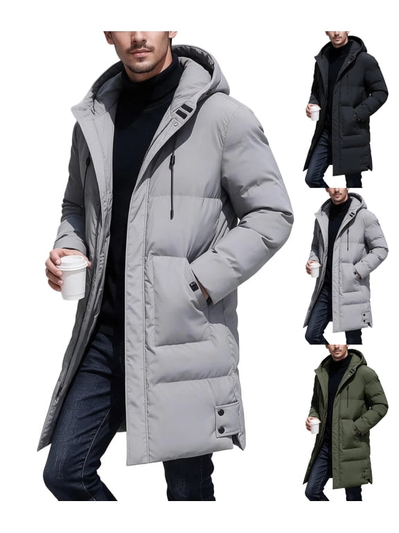 Long Puffer Coat Men Solid Color Thick Warm Hooded Winter Jacket,Mid-Length Zip Up Padded Parka for Outdoor Wear