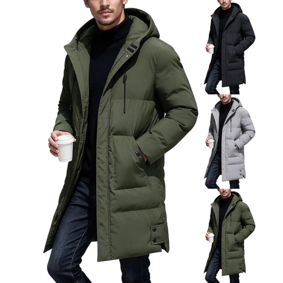 Long Puffer Coat Men Solid Color Thick Warm Hooded Winter Jacket,Mid-Length Zip Up Padded Parka for Outdoor Wear