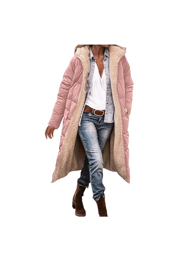 Long Puffer Coat Women Reversible Shearling Fleece Oversized Winter Jackets Sherpa Lined Hooded Outerwear with Pockets