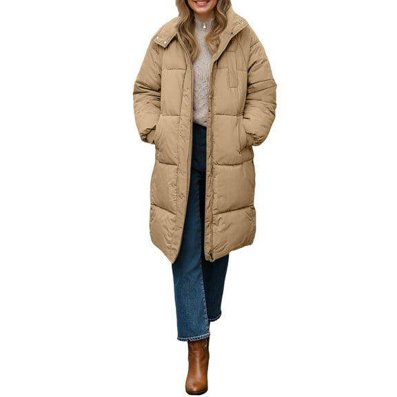 Long Puffer Coat Women, Yigetop Women's Casual Mid To Long Waisted Thick Warm Cotton European and American Down Women Coats Winter Khaki M