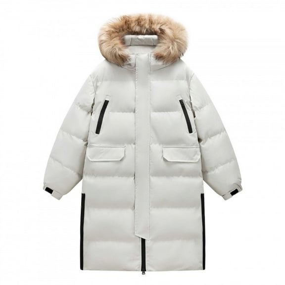 Long Puffer Coat for Men with Hood Mid-length Full-zip Winter Quilted Jackets Multi Pockets Thicken Overcoat (3XL, White)