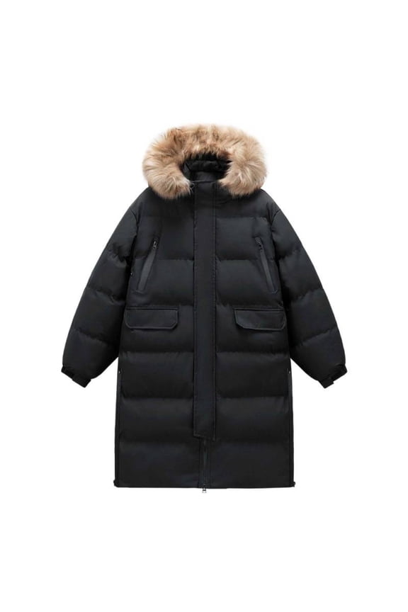 Long Puffer Coat for Men with Hood Mid-length Full-zip Winter Quilted Jackets Multi Pockets Thicken Overcoat (XL, Black)
