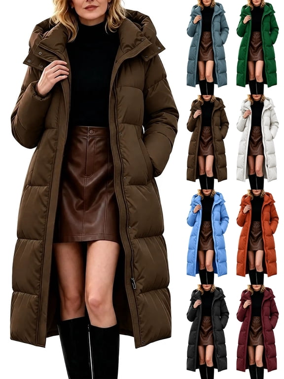 Long Puffer Coat for Women Full Zip Hooded Winter Fleece Warm Quilted Parka Jacket with Pockets,Windproof Warm Thick Cold Weather Jacket