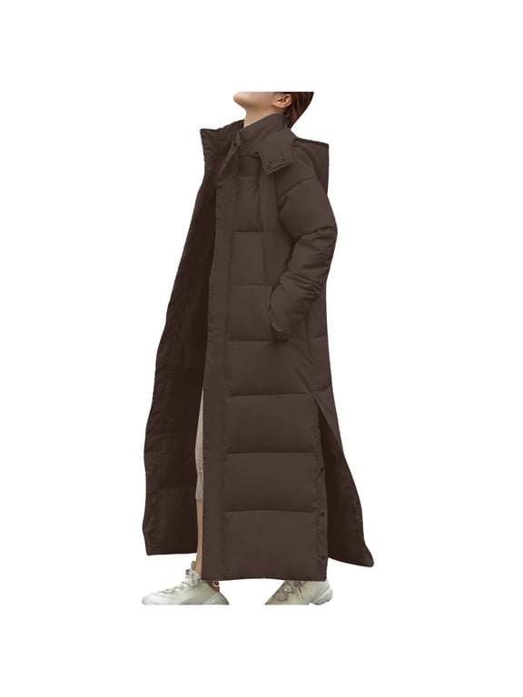 Women's Hooded Maxi Puffer Coat Long Sleeve Solid Winter Warm Side Split Casual Jacket Outerwear Brown M