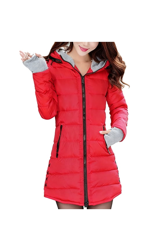 Long Puffer Hooded Jacket for Women with Pockets Winter Full-zip Warm Quilted Down Coat Thick Heavy Tunic Overcoat (3XL, Red)