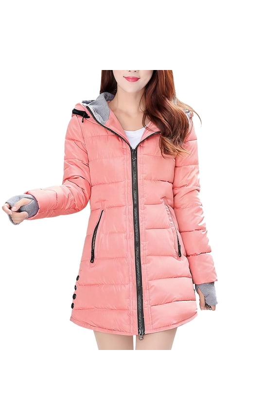 Long Puffer Hooded Jacket for Women with Pockets Winter Full-zip Warm Quilted Down Coat Thick Heavy Tunic Overcoat (L, Pink)