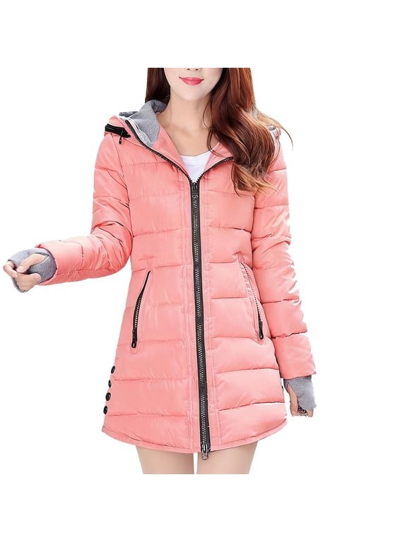 Long Puffer Hooded Jacket for Women with Pockets Winter Full-zip Warm Quilted Down Coat Thick Heavy Tunic Overcoat (M, Pink)