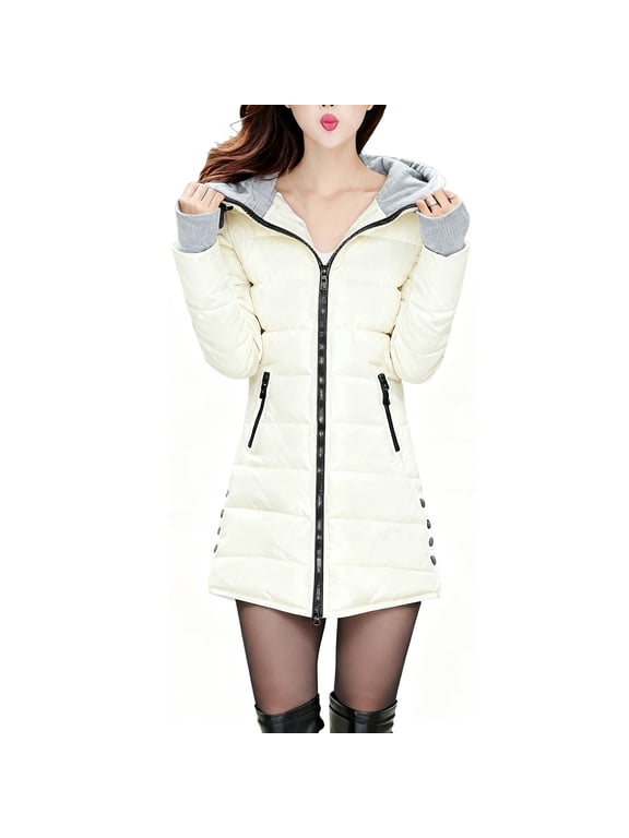 Long Puffer Hooded Jacket for Women with Pockets Winter Full-zip Warm Quilted Down Coat Thick Heavy Tunic Overcoat (XL, Beige)