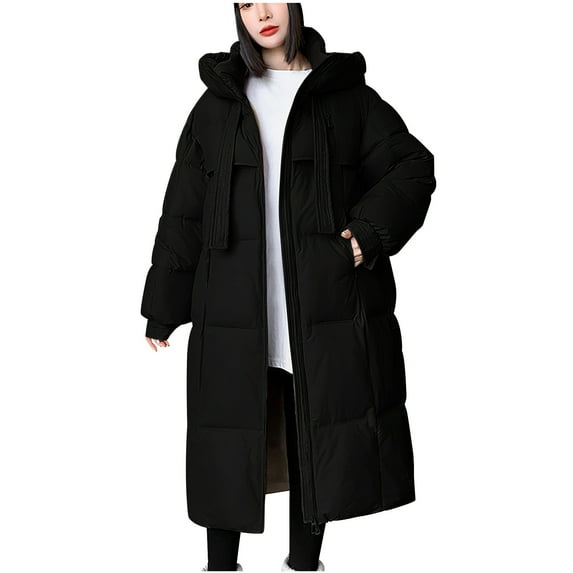 Long Puffer Jacket for Women, 2024 Thick Fleece Hooded Coat with Deep Pockets, Solid Oversized Warm Winter Outerwear Mid-length