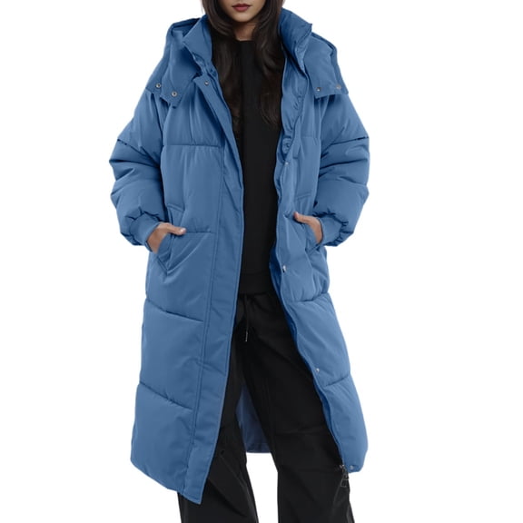 Long Puffer Jacket for Women, Thickened Winter Coat Hooded with Deep Pockets, Ladies Warm Winter Jacket Blue M