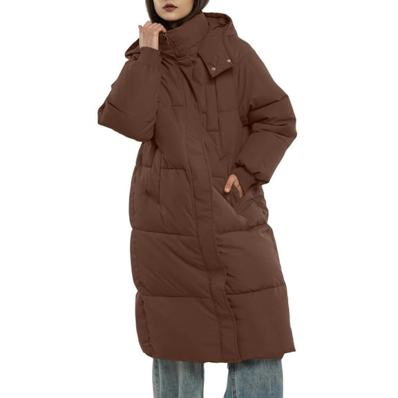 Long Puffer Jacket for Women, Thickened Winter Coat Hooded with Deep Pockets, Ladies Warm Winter Jacket Brown L