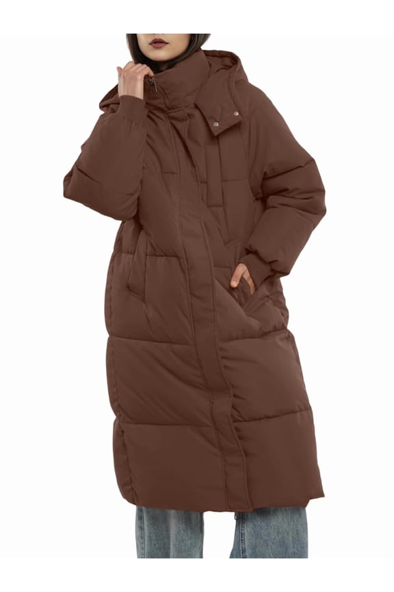 Long Puffer Jacket for Women, Thickened Winter Coat Hooded with Deep Pockets, Ladies Warm Winter Jacket Brown XXL