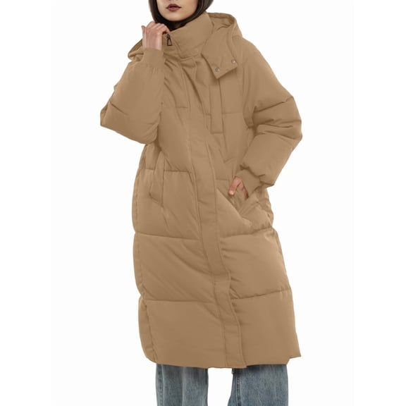 Long Puffer Jacket for Women, Thickened Winter Coat Hooded with Deep Pockets, Ladies Warm Winter Jacket Khaki M